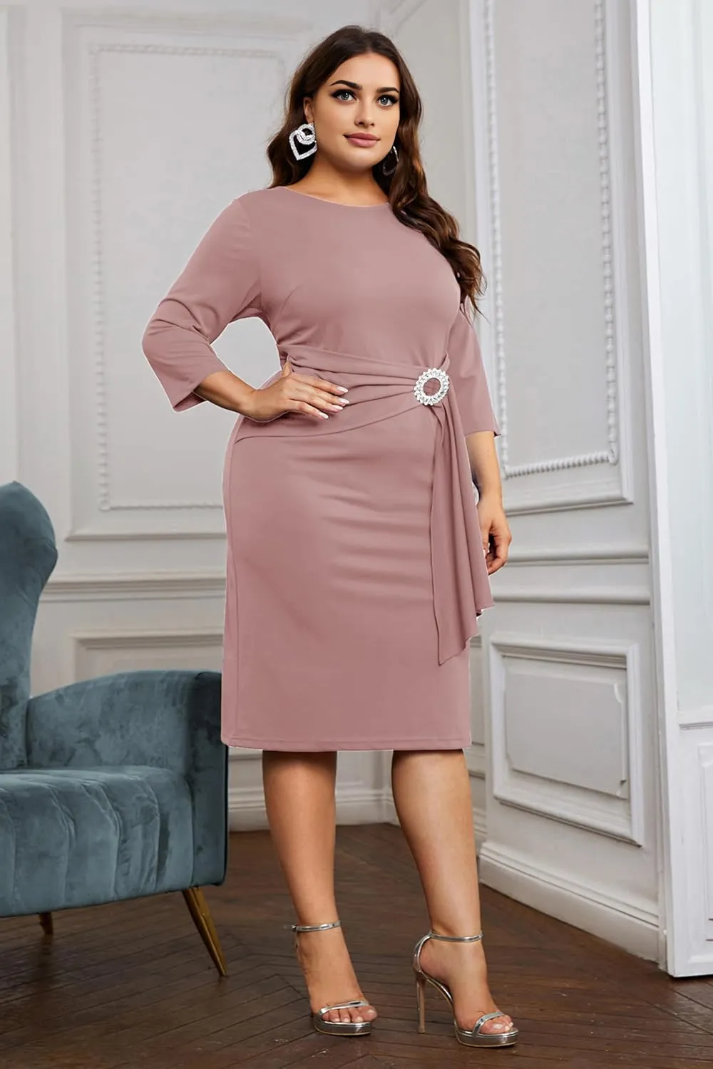 KIMCURVY Women's Plus Size 3/4 Sleeve Dress Evening Pencil Dress for Business Cocktail Party with Revomable Rhinestone