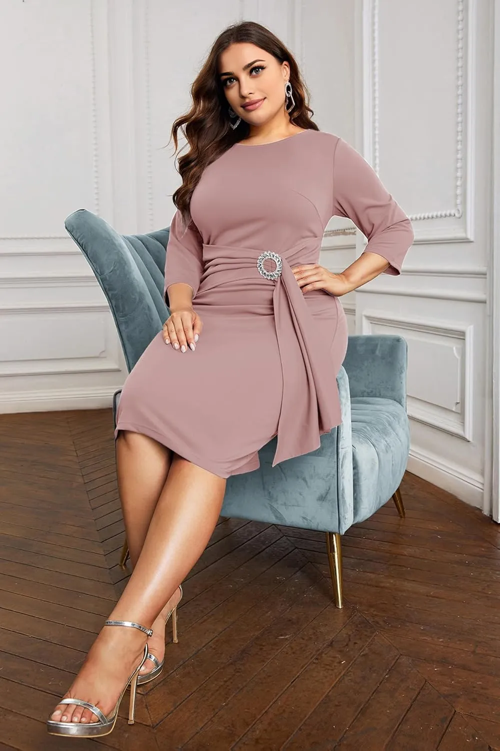 KIMCURVY Women's Plus Size 3/4 Sleeve Dress Evening Pencil Dress for Business Cocktail Party with Revomable Rhinestone