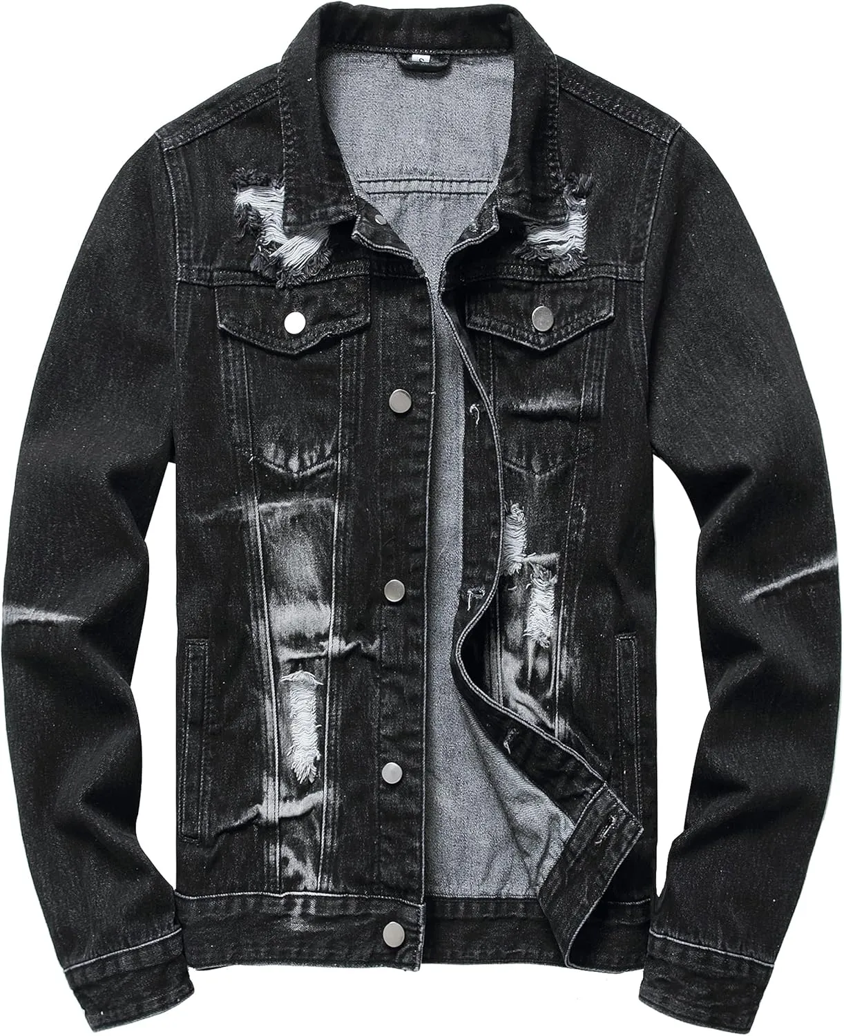 LAMKUKU Mens Denim Jacket Ripped Slim Jean Jacket Coat for Men