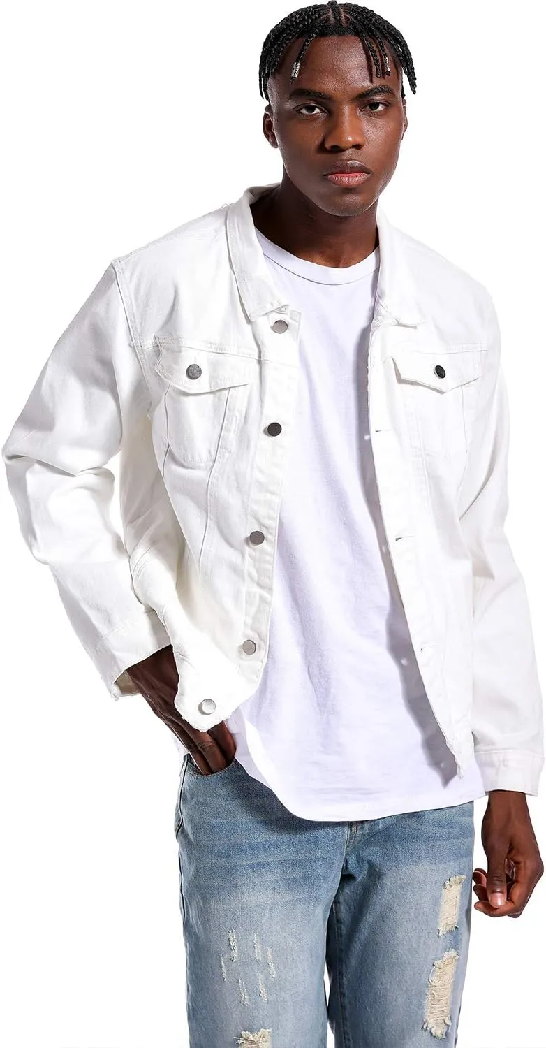 LAMKUKU Mens Denim Jacket Ripped Slim Jean Jacket Coat for Men