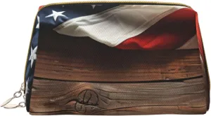 Leather Makeup Bag, Rustic American Flag Wood Cosmetic Bags Travel Toiletry Bag for Women, Make up Bag, Large Capacity Makeup Bag Organizer, Cute Makeup Pouch Makeup Case