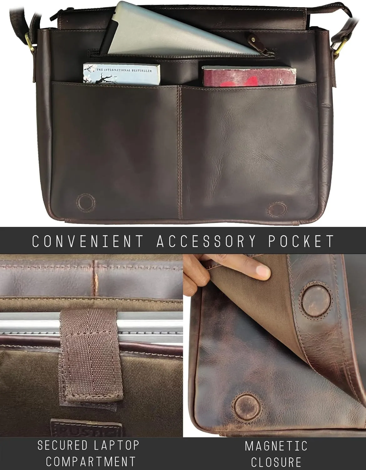 Leather Messenger Bag for Men 16" Full Grain Leather Laptop Bag Vintage Crossbody Office Satchel Travel Shoulder Bag