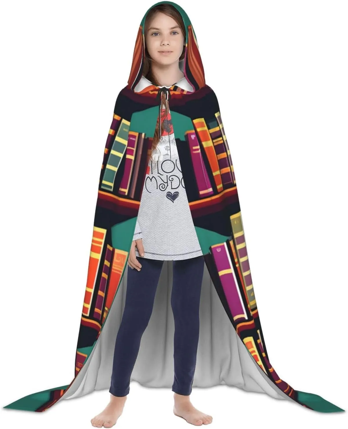 Library Bookshelf print Hooded Cloak Long Hooded Cloak Halloween Cloak Costumes Hooded Cape Masquerade Dress Up