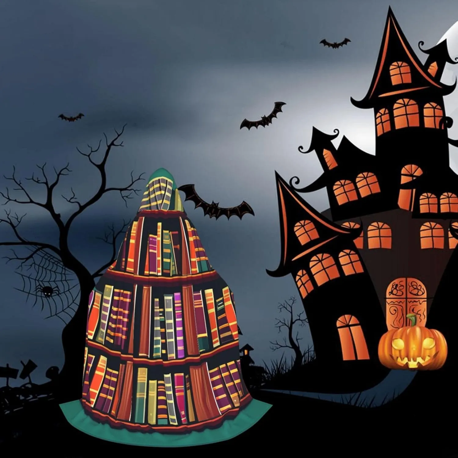 Library Bookshelf print Hooded Cloak Long Hooded Cloak Halloween Cloak Costumes Hooded Cape Masquerade Dress Up