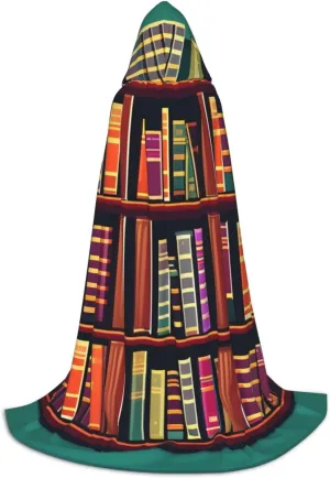 Library Bookshelf print Hooded Cloak Long Hooded Cloak Halloween Cloak Costumes Hooded Cape Masquerade Dress Up