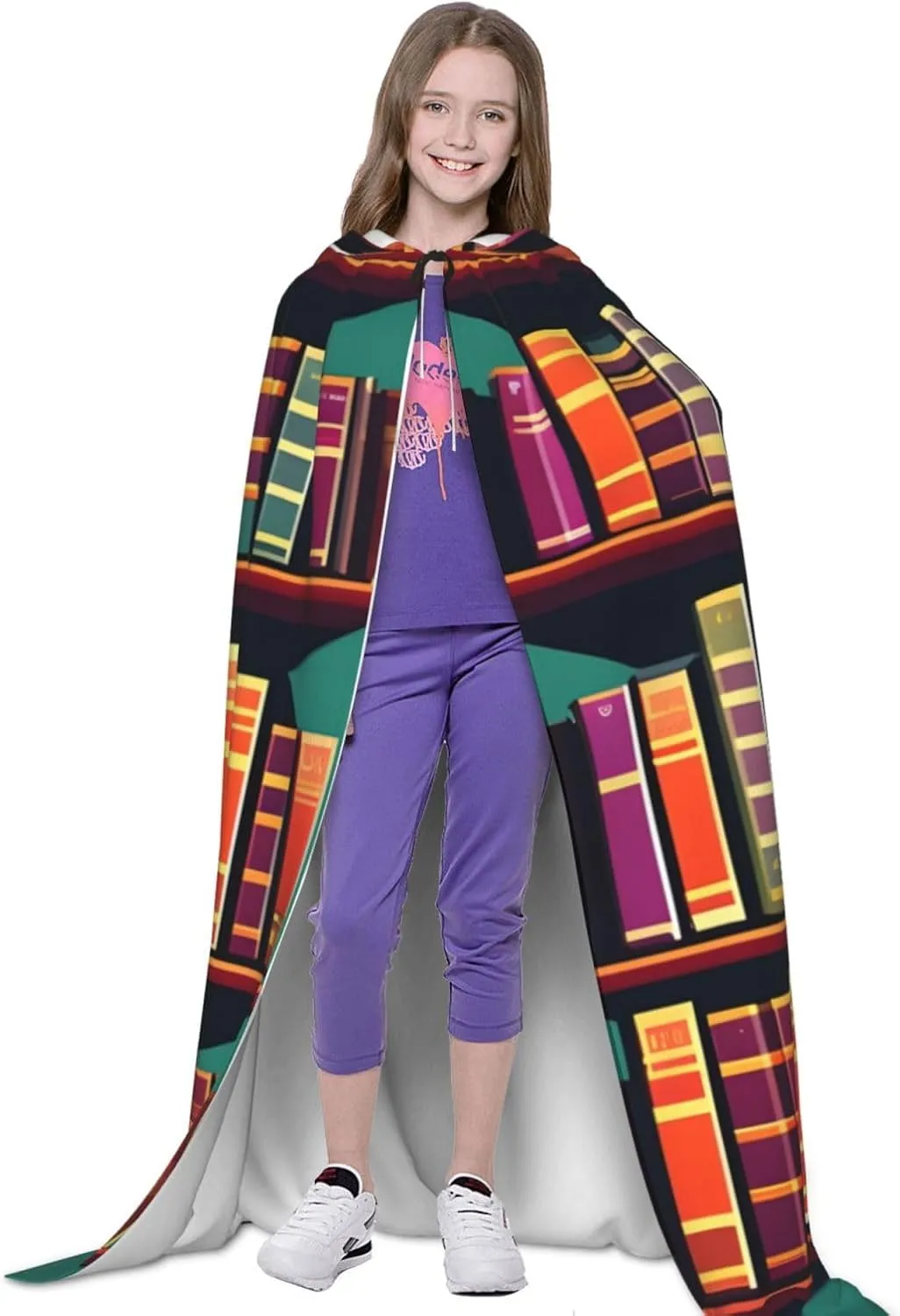 Library Bookshelf print Hooded Cloak Long Hooded Cloak Halloween Cloak Costumes Hooded Cape Masquerade Dress Up
