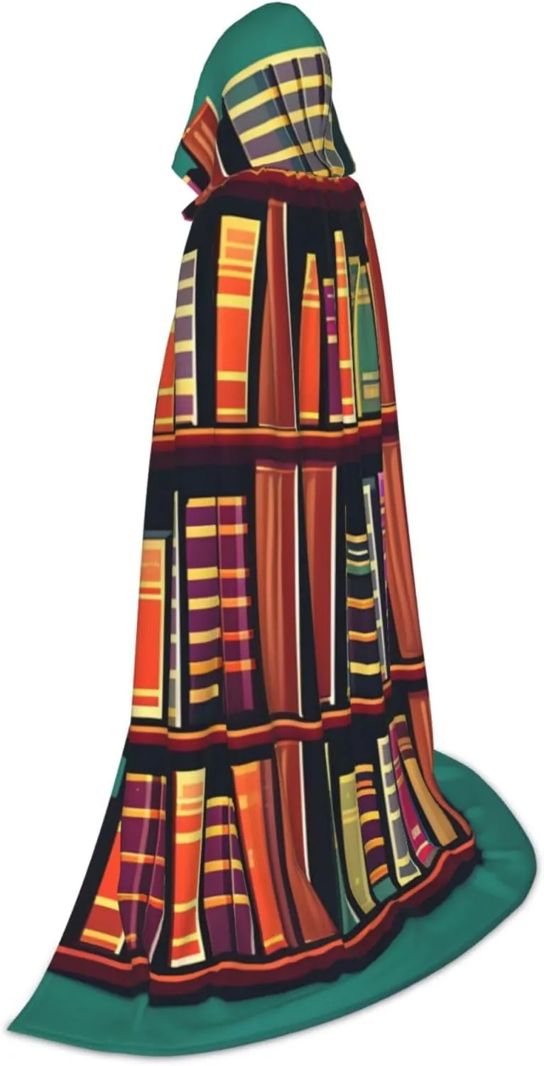 Library Bookshelf print Hooded Cloak Long Hooded Cloak Halloween Cloak Costumes Hooded Cape Masquerade Dress Up