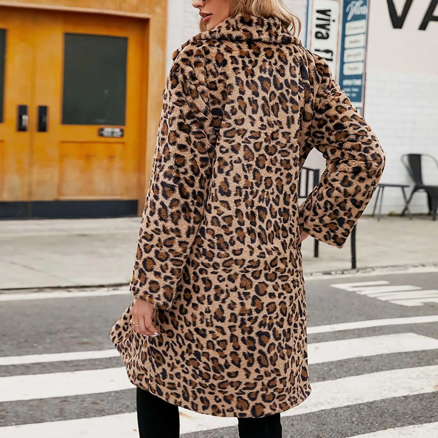 Lmdudan 2023 Winter Faux Fur Coat for Women Leopard Print Fleece Long Jacket Retro Lapel Warm Overcoat Plus Size Trench Coats