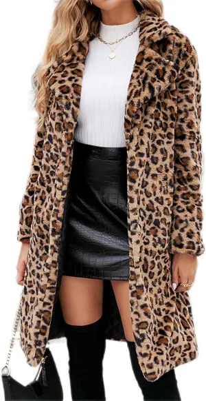 Lmdudan 2023 Winter Faux Fur Coat for Women Leopard Print Fleece Long Jacket Retro Lapel Warm Overcoat Plus Size Trench Coats