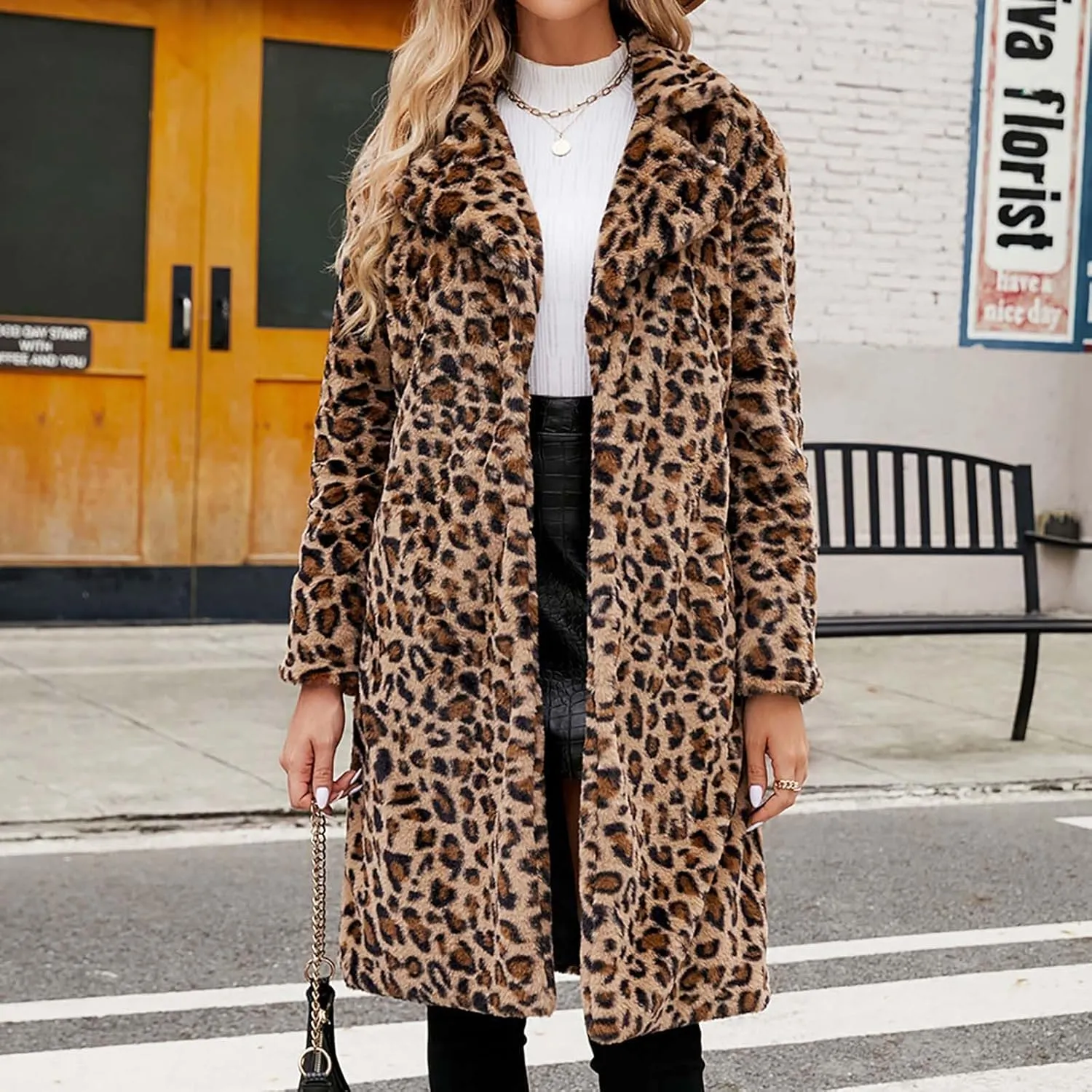 Lmdudan 2023 Winter Faux Fur Coat for Women Leopard Print Fleece Long Jacket Retro Lapel Warm Overcoat Plus Size Trench Coats
