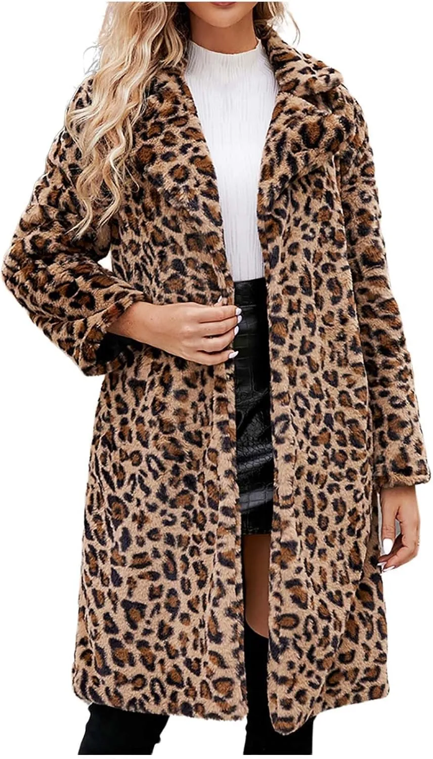 Lmdudan 2023 Winter Faux Fur Coat for Women Leopard Print Fleece Long Jacket Retro Lapel Warm Overcoat Plus Size Trench Coats