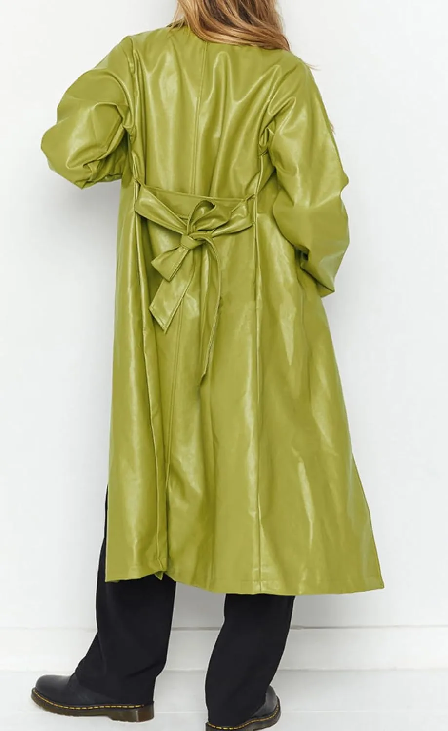 loveimgs Women's Button Down Lapel PU Leather Trench Coat Trendy Full Length Long Sleeve Faux Leather Jacket