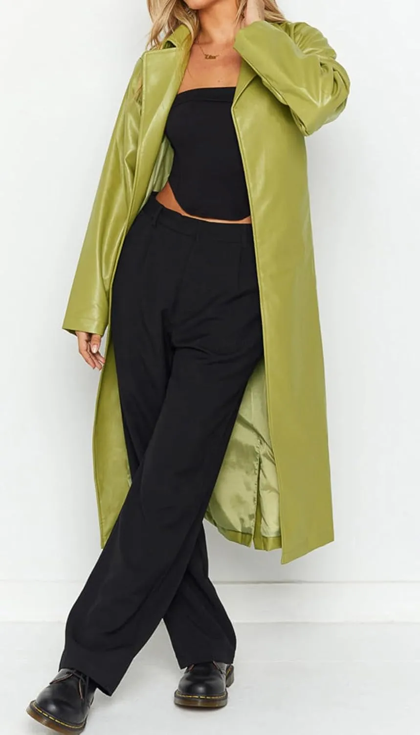 loveimgs Women's Button Down Lapel PU Leather Trench Coat Trendy Full Length Long Sleeve Faux Leather Jacket