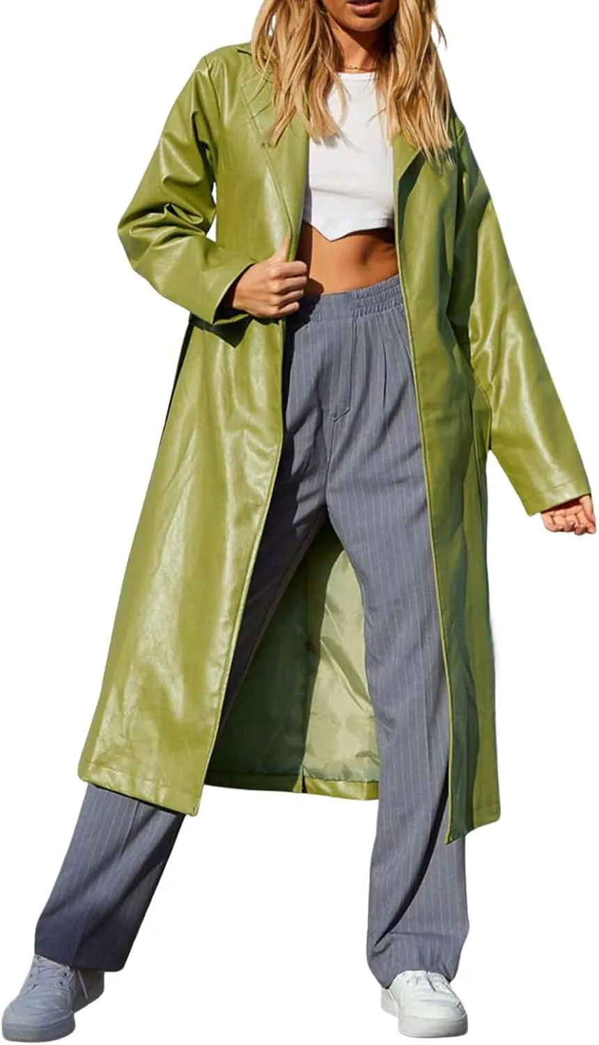 loveimgs Women's Button Down Lapel PU Leather Trench Coat Trendy Full Length Long Sleeve Faux Leather Jacket