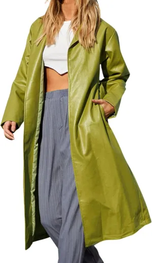 loveimgs Women's Button Down Lapel PU Leather Trench Coat Trendy Full Length Long Sleeve Faux Leather Jacket