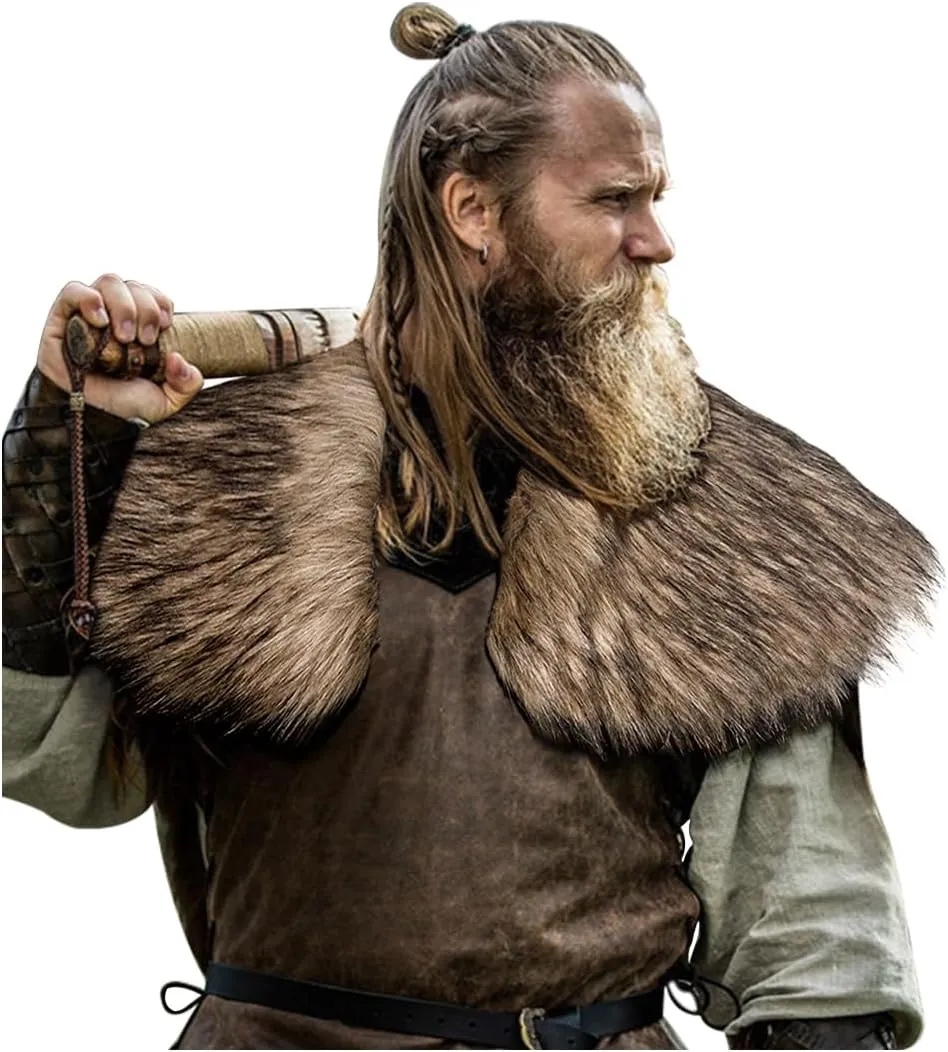 L'VOW Men Viking Fur Shawl Medieval Faux Fur Mantle Shoulder Wrap Collar Warrior Renaissance LARP Cosplay Costume