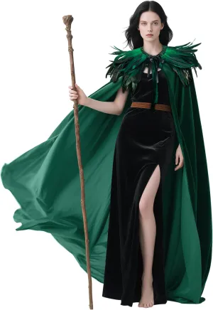 L'VOW Women Feather Collar Velvet Cloak Vampire Cape Witch Queen Cosplay Halloween Costume