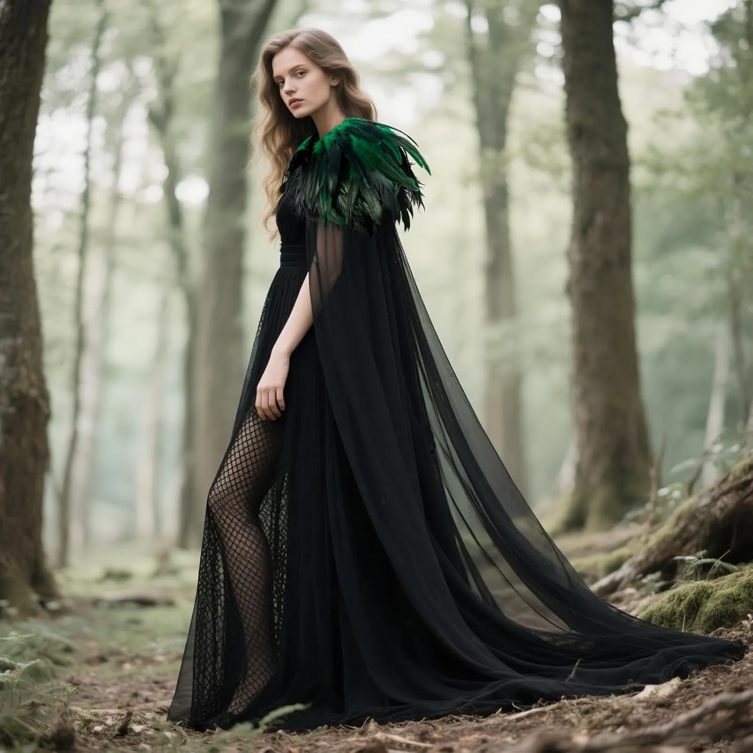 L'VOW Women's Gothic Feather Cloak Gothic Tulle Cape with Feather Collar Vampire Cloak Witches Cape Cosplay Costume
