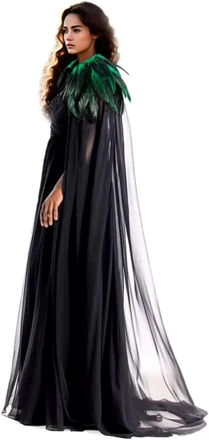 L'VOW Women's Gothic Feather Cloak Gothic Tulle Cape with Feather Collar Vampire Cloak Witches Cape Cosplay Costume