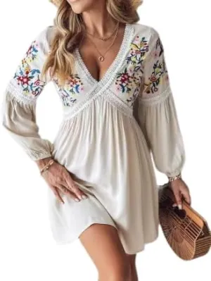 Melliflo Women's Mexican Boho Mini Dress Summer Casual V Neck Puff Long Sleeve Floral Embroidered Short Dress