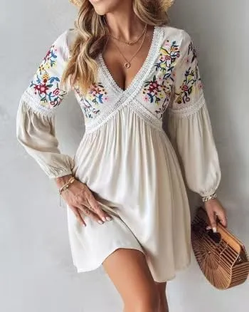 Melliflo Women's Mexican Boho Mini Dress Summer Casual V Neck Puff Long Sleeve Floral Embroidered Short Dress
