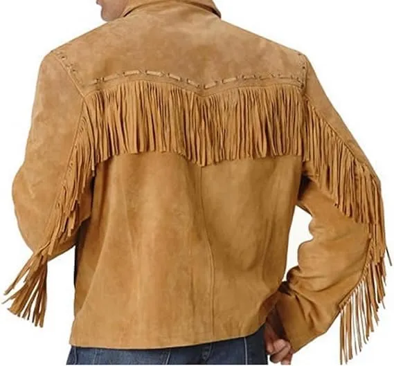 Mens 100% Cowboy Handmade Suede Leather Western Jacket with Fringe and Beaded Native American Jacket Coat