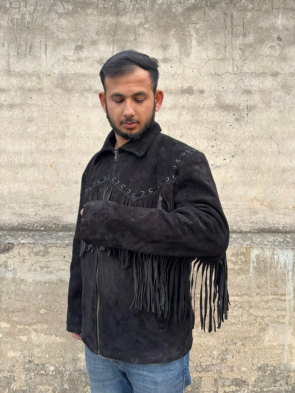 Mens 100% Cowboy Handmade Suede Leather Western Jacket with Fringe and Beaded Native American Jacket Coat