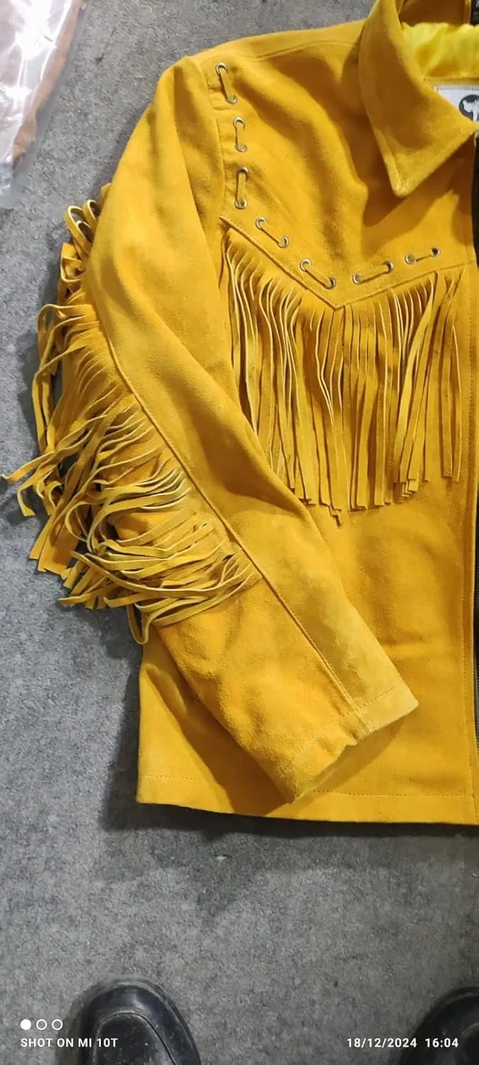 Mens 100% Cowboy Handmade Suede Leather Western Jacket with Fringe and Beaded Native American Jacket Coat