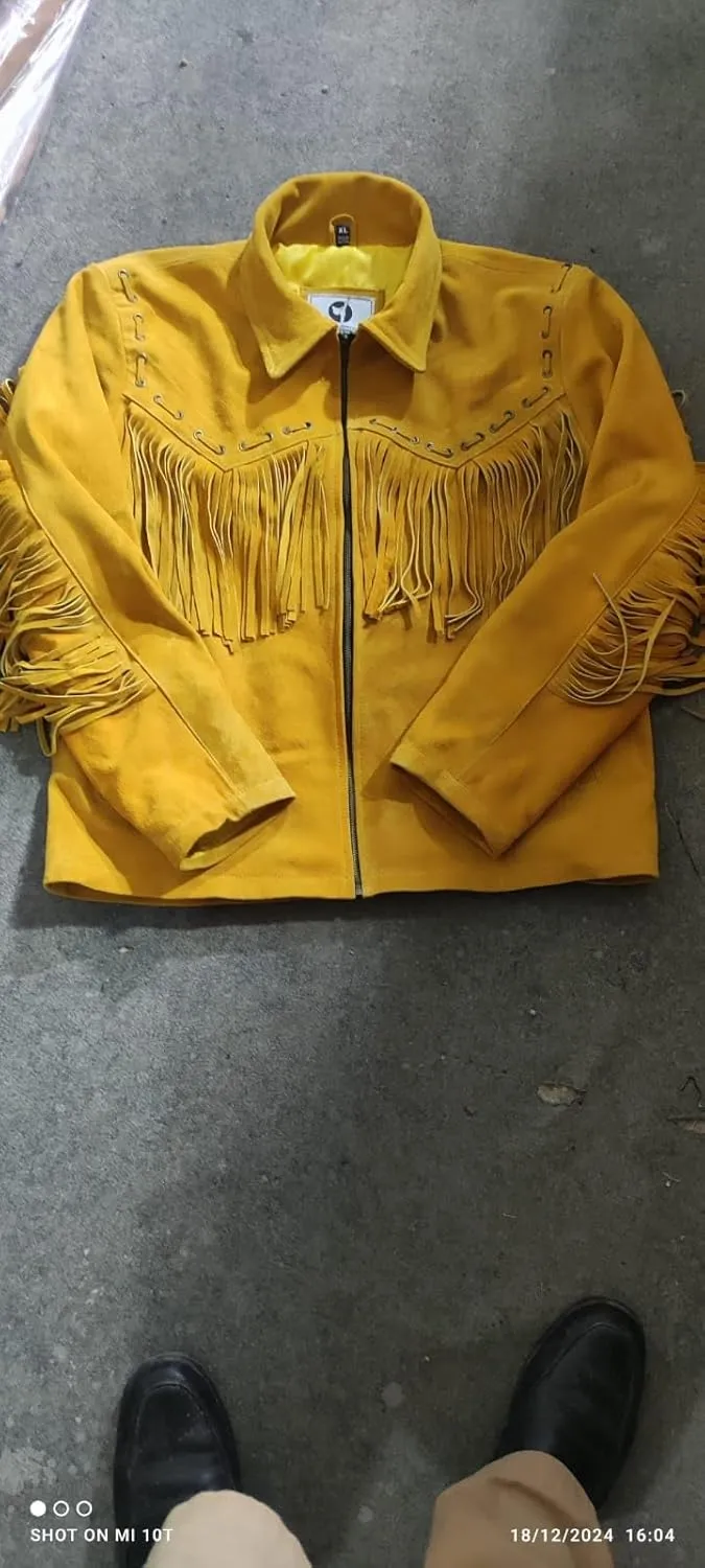 Mens 100% Cowboy Handmade Suede Leather Western Jacket with Fringe and Beaded Native American Jacket Coat