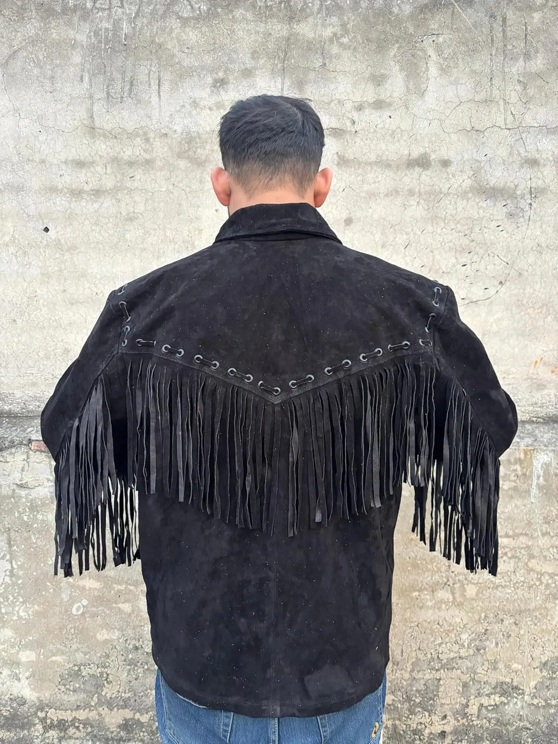 Mens 100% Cowboy Handmade Suede Leather Western Jacket with Fringe and Beaded Native American Jacket Coat