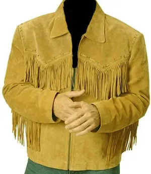 Mens 100% Cowboy Handmade Suede Leather Western Jacket with Fringe and Beaded Native American Jacket Coat