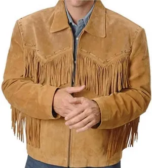 Mens 100% Cowboy Handmade Suede Leather Western Jacket with Fringe and Beaded Native American Jacket Coat
