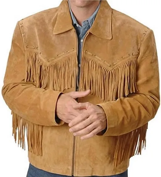 Mens 100% Cowboy Handmade Suede Leather Western Jacket with Fringe and Beaded Native American Jacket Coat