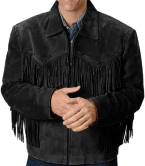 Mens 100% Cowboy Handmade Suede Leather Western Jacket with Fringe and Beaded Native American Jacket Coat
