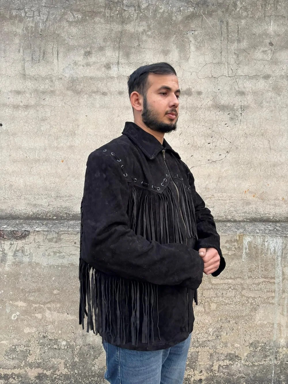 Mens 100% Cowboy Handmade Suede Leather Western Jacket with Fringe and Beaded Native American Jacket Coat