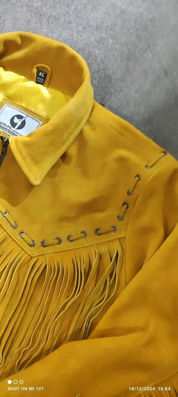 Mens 100% Cowboy Handmade Suede Leather Western Jacket with Fringe and Beaded Native American Jacket Coat