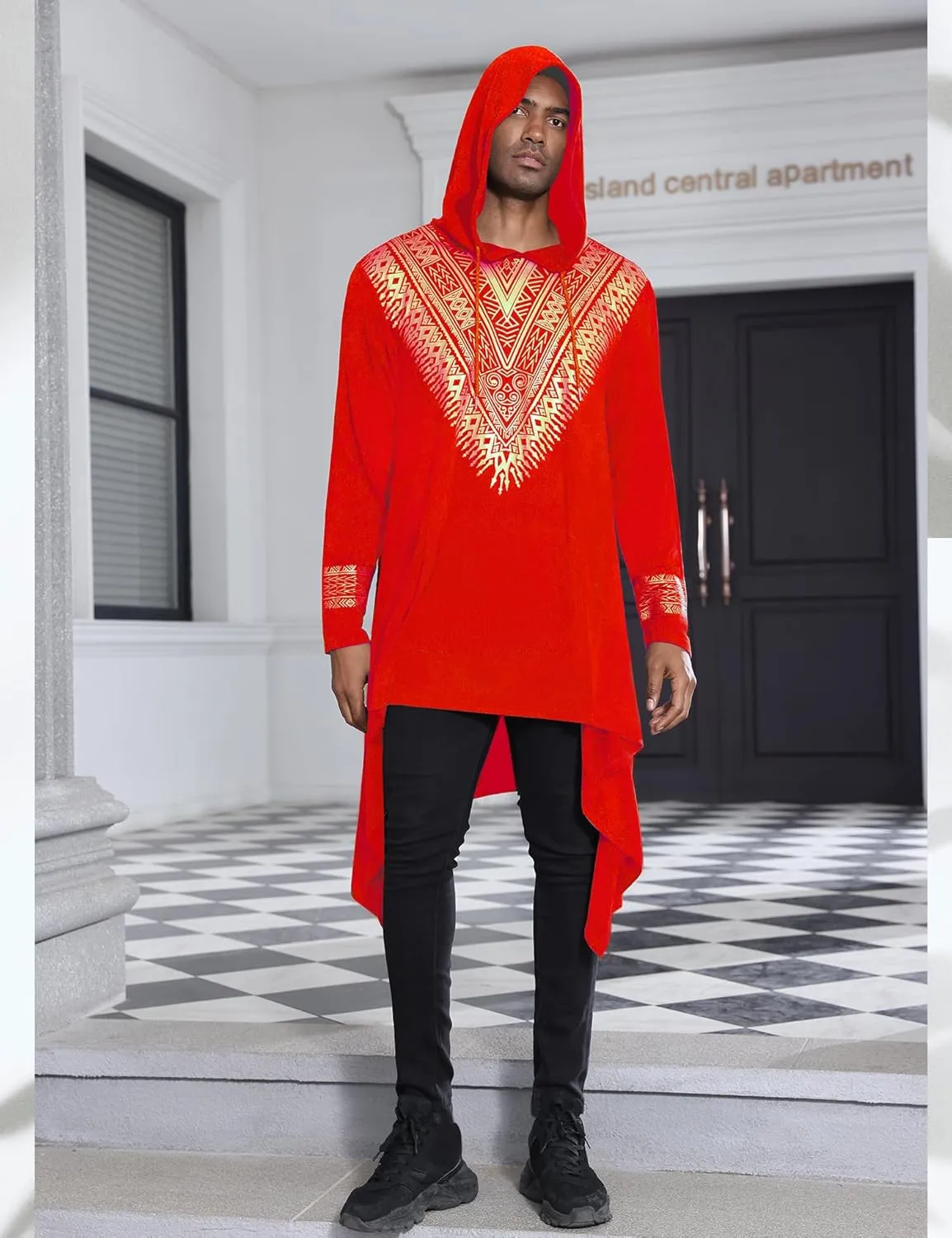 Men's African Dashiki Hooded Poncho Cape Cloak Metallic Gold Printed Casual Asymmetric Hem Hoodie Sweatshirts