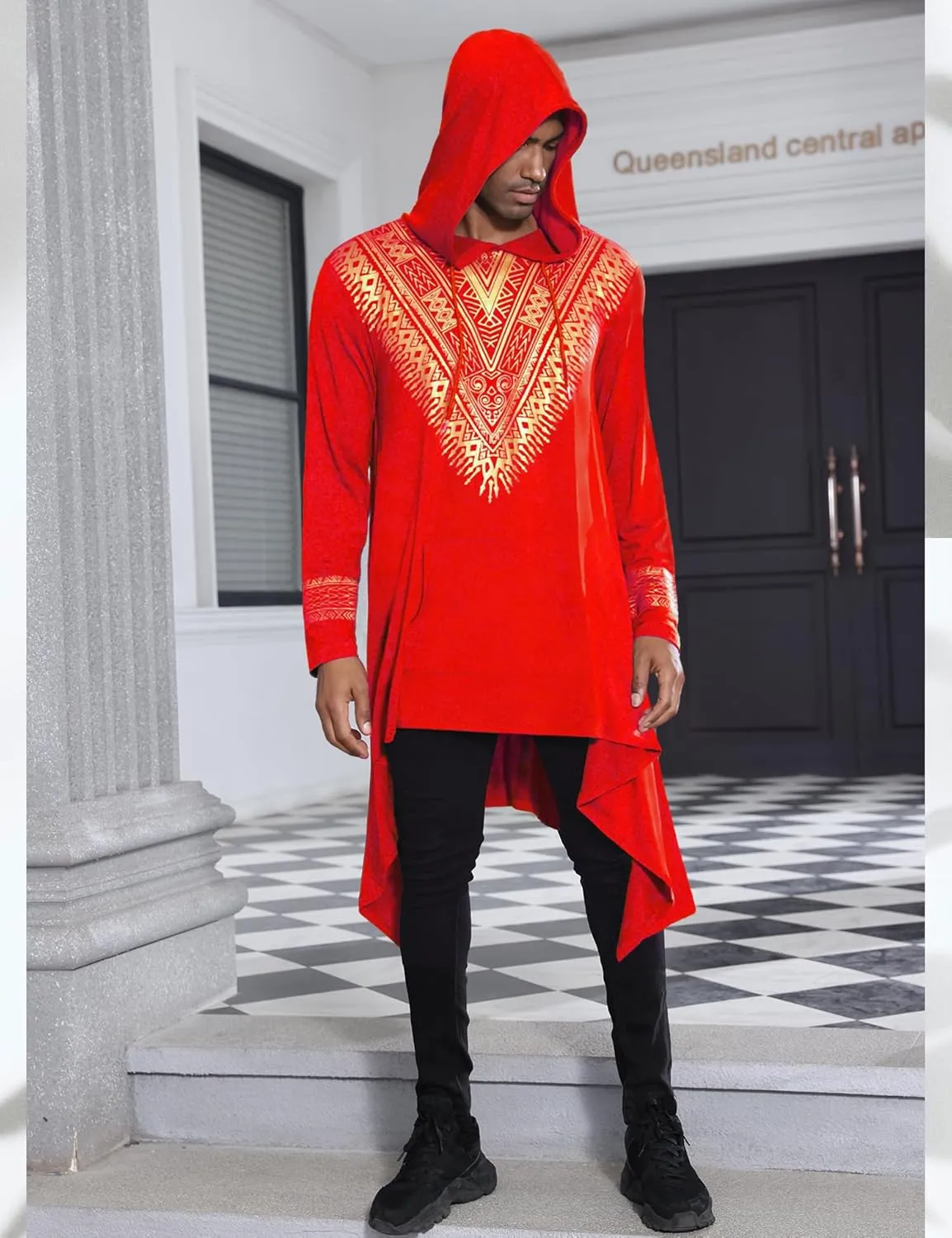 Men's African Dashiki Hooded Poncho Cape Cloak Metallic Gold Printed Casual Asymmetric Hem Hoodie Sweatshirts