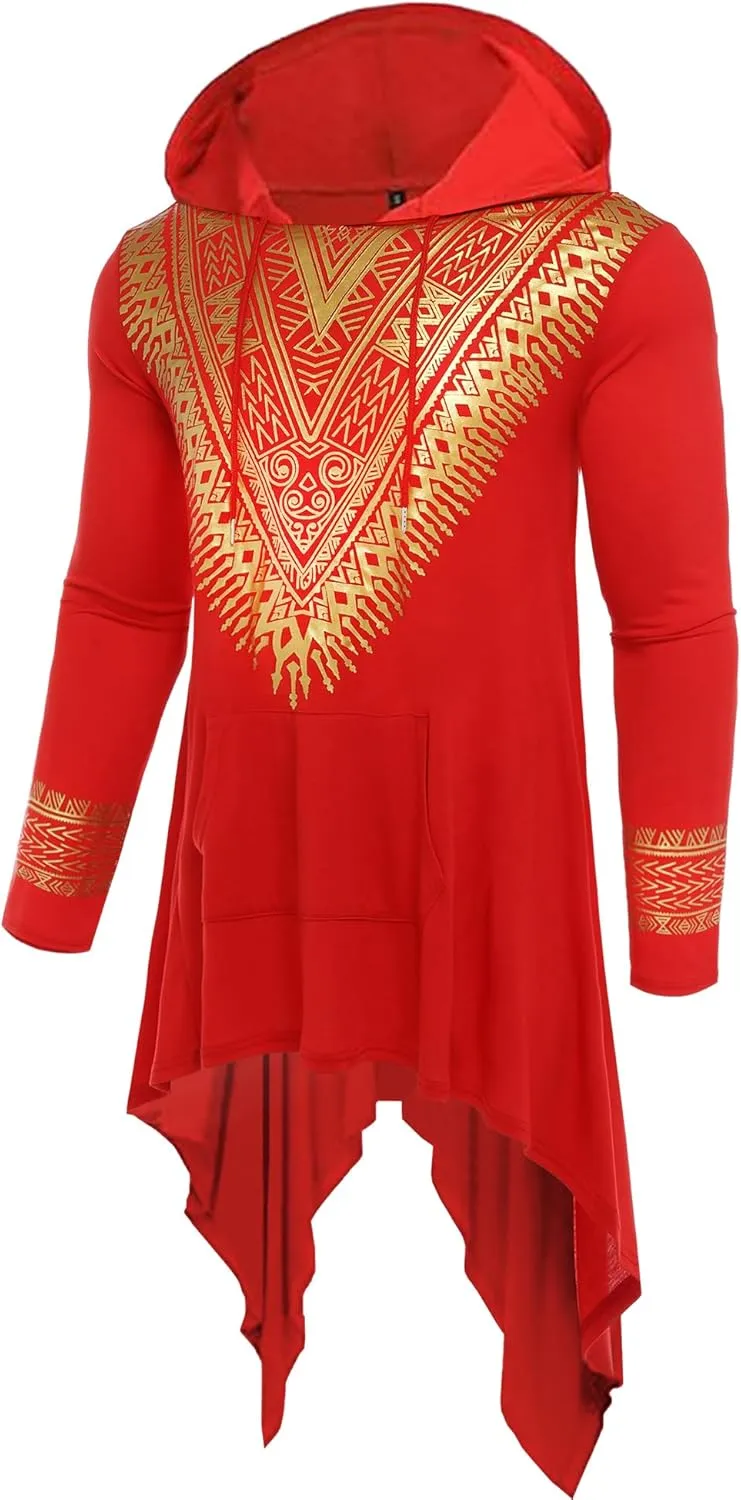 Men's African Dashiki Hooded Poncho Cape Cloak Metallic Gold Printed Casual Asymmetric Hem Hoodie Sweatshirts