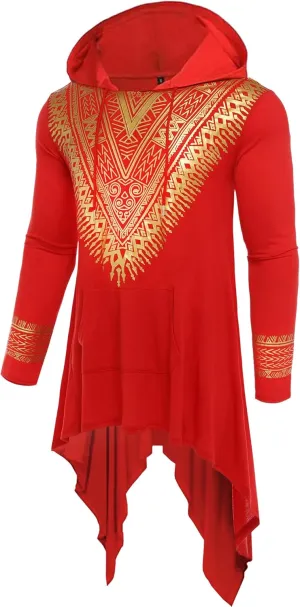Men's African Dashiki Hooded Poncho Cape Cloak Metallic Gold Printed Casual Asymmetric Hem Hoodie Sweatshirts