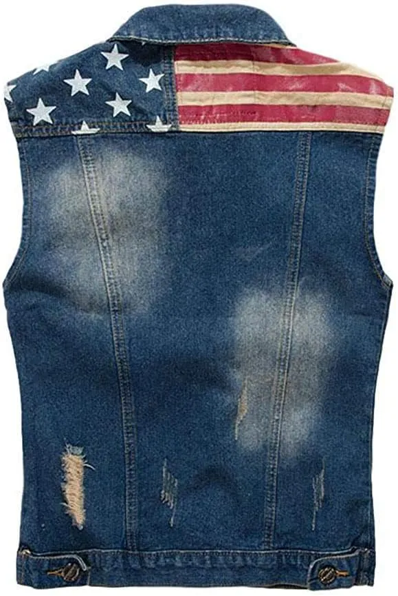 Men`s American Flag Retro Ripped Denim Jeans Vest Sleeveless Jacket