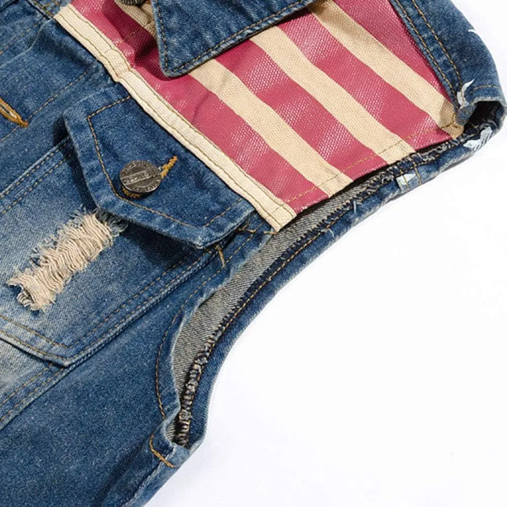 Men`s American Flag Retro Ripped Denim Jeans Vest Sleeveless Jacket