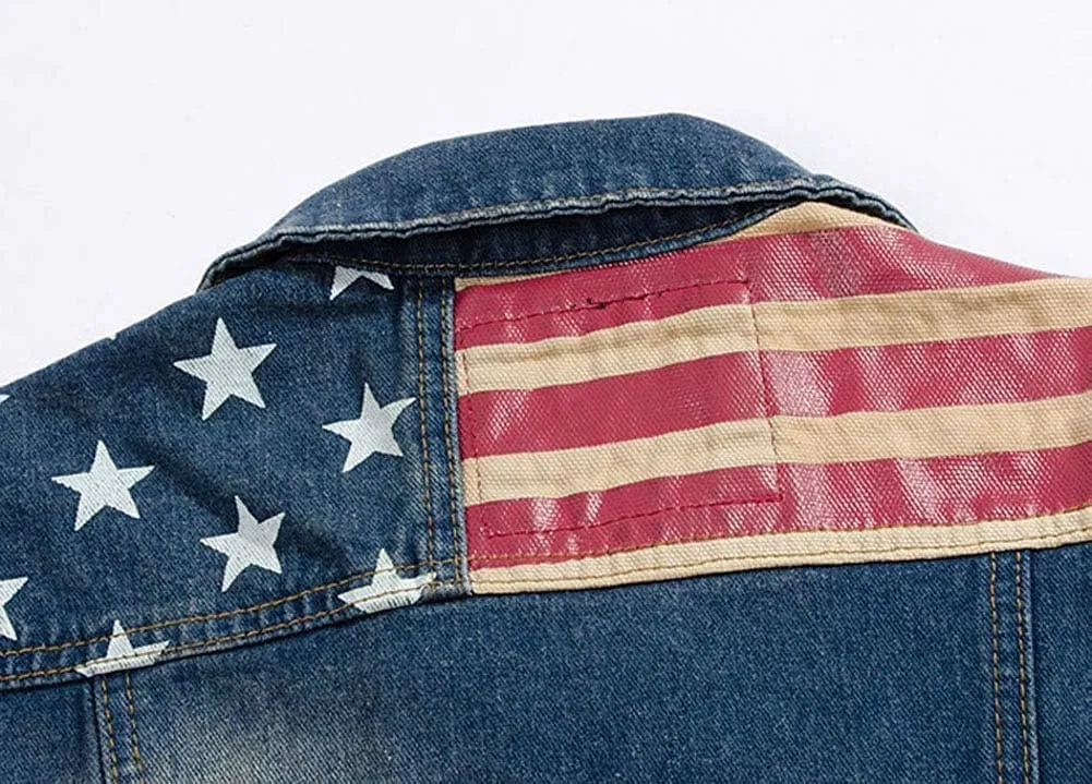 Men`s American Flag Retro Ripped Denim Jeans Vest Sleeveless Jacket