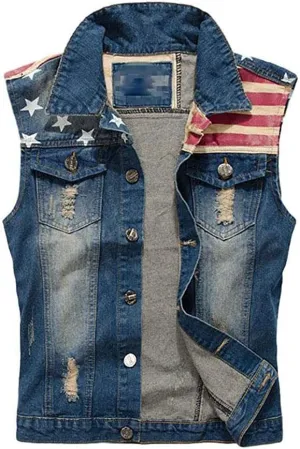 Men`s American Flag Retro Ripped Denim Jeans Vest Sleeveless Jacket
