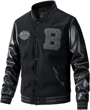 Men's Baseball Jacket Fashion Padded College Varsity Jackets Faux Leather Sleeves Button Down Bomber Coat