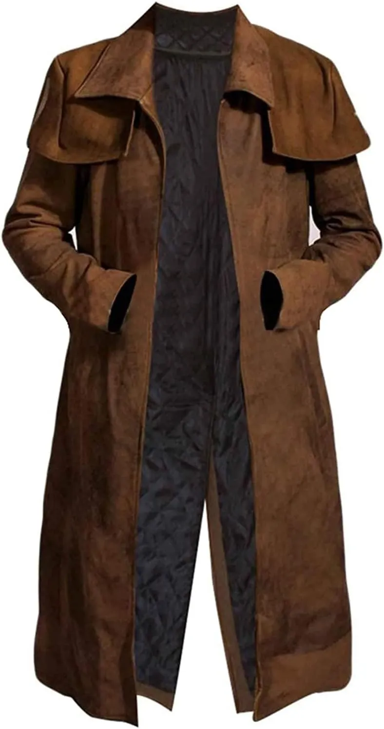 Mens Brown Suede Leather Trench Coat - Real Suede Leather Duster Coat - Western Duster Cowboy Coat for Men
