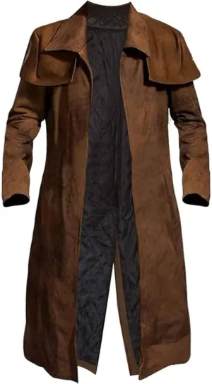 Mens Brown Suede Leather Trench Coat - Real Suede Leather Duster Coat - Western Duster Cowboy Coat for Men
