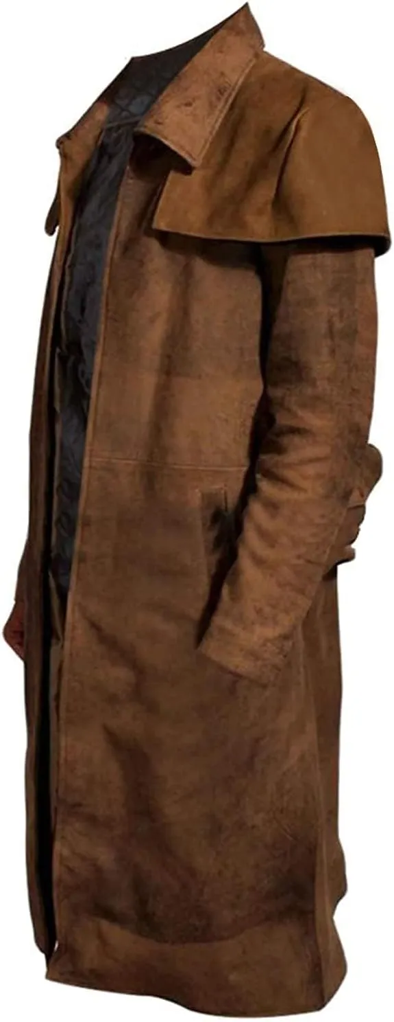 Mens Brown Suede Leather Trench Coat - Real Suede Leather Duster Coat - Western Duster Cowboy Coat for Men