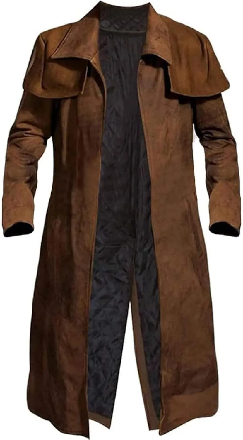 Mens Brown Suede Leather Trench Coat - Real Suede Leather Duster Coat - Western Duster Cowboy Coat for Men