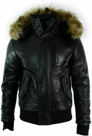 Men's Classic Stylish Real Fur Hooded Bomber Motorcycle Real Sheepskin Black Leather Jacket Puffer Padded Black Leather Coat